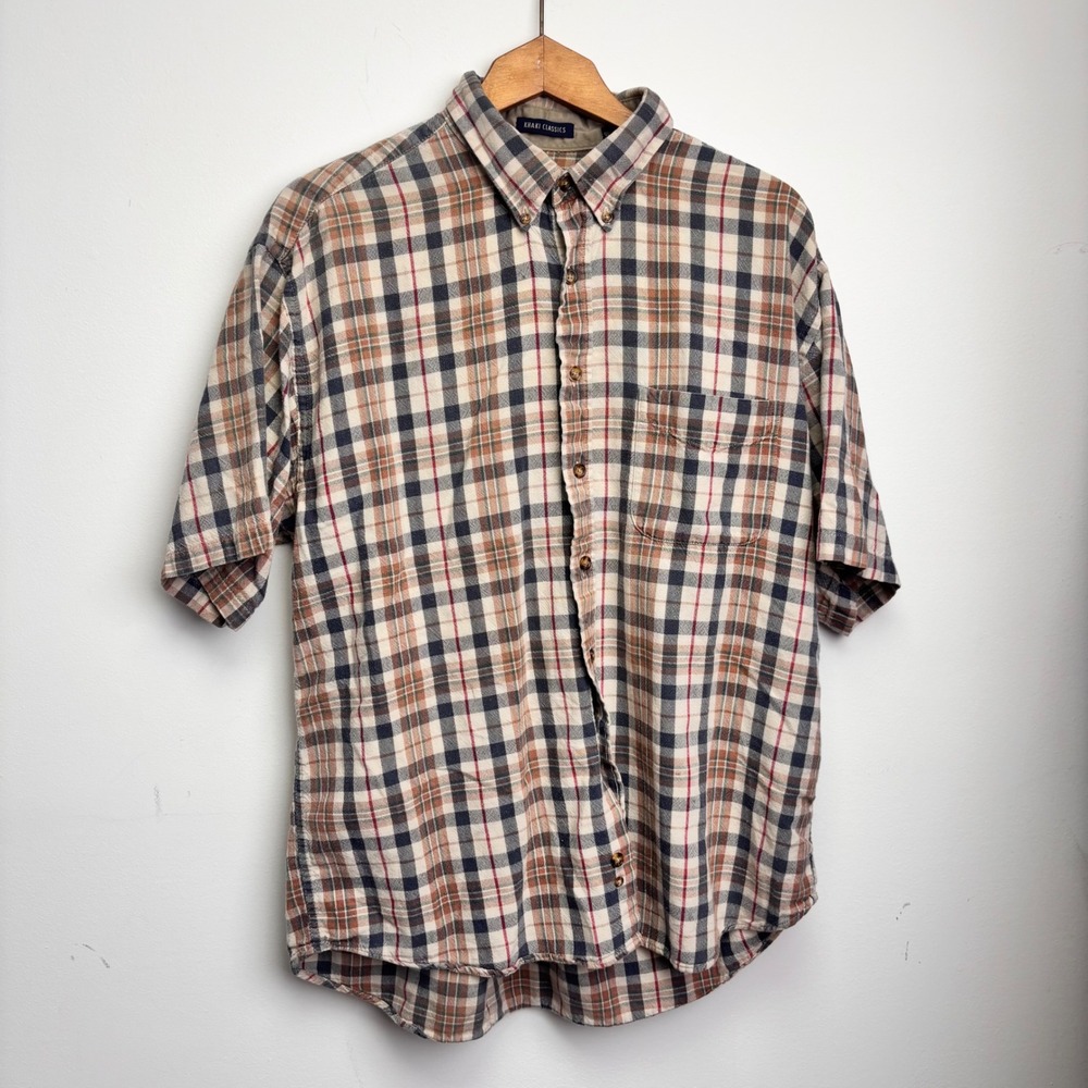 Vintage 90s Van Heusen Khaki Classics Plaid Shirt Large Short Sleeve Button Down